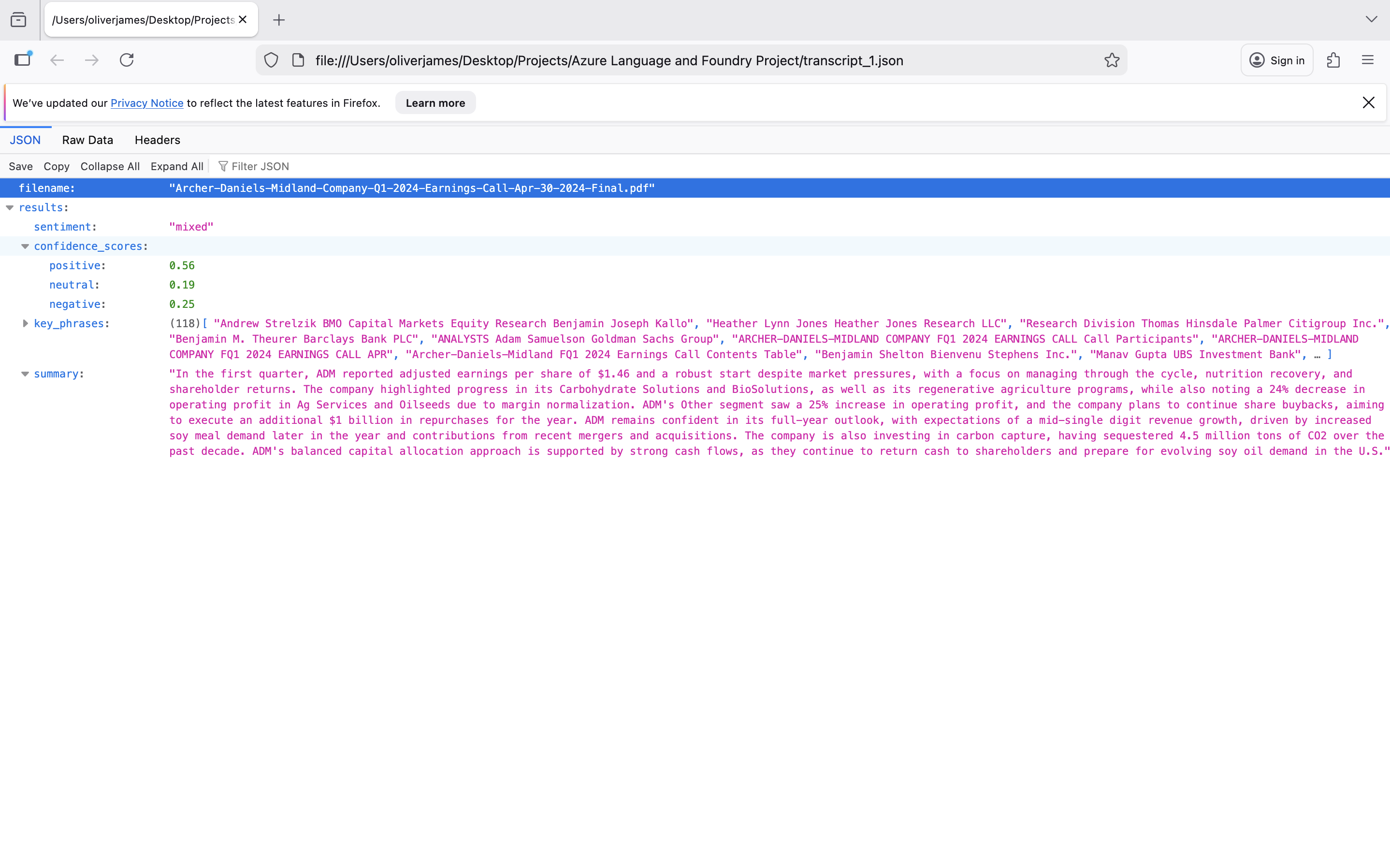 JSON output from Azure Language Service